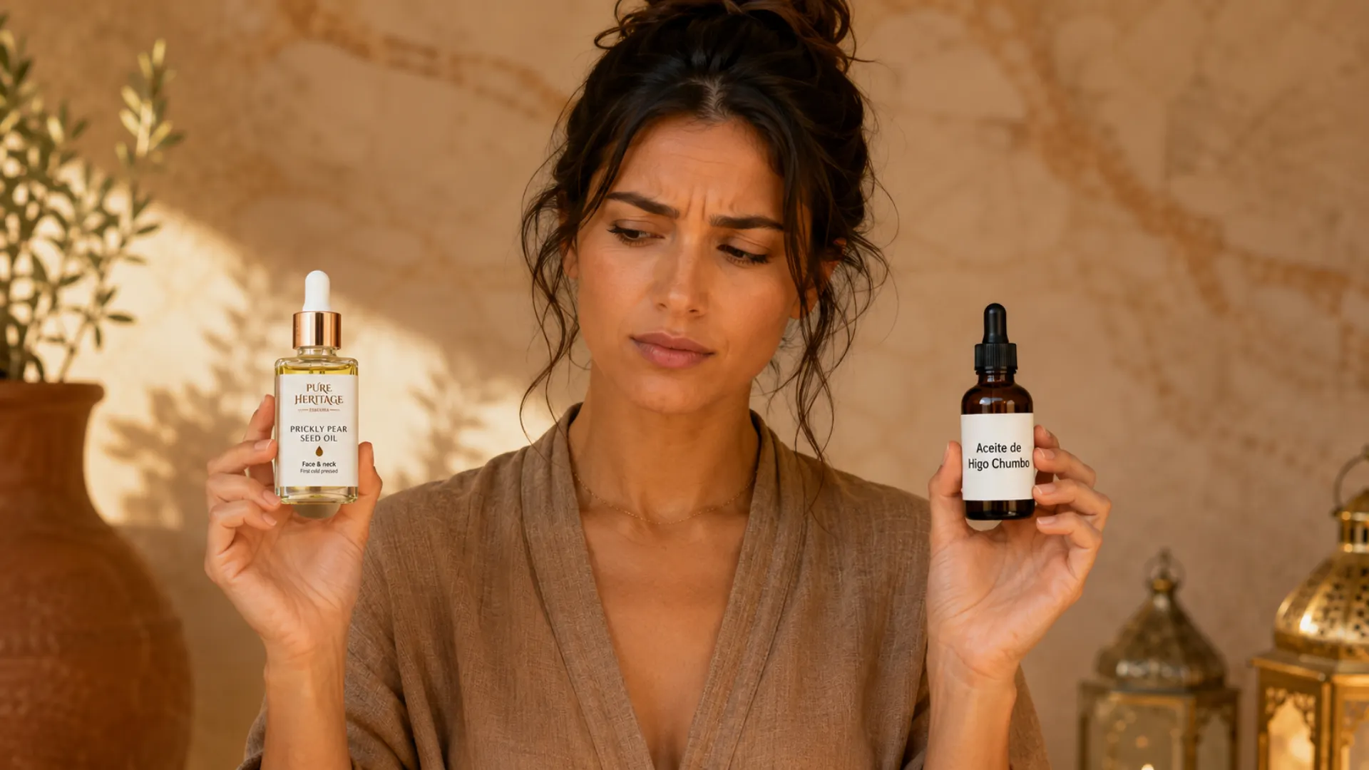 Mujer con expresión de duda sosteniendo en una mano el aceite de semillas de higo chumbo Pure Heritage y en la otra un aceite de higo chumbo genérico, comparando ambos frascos